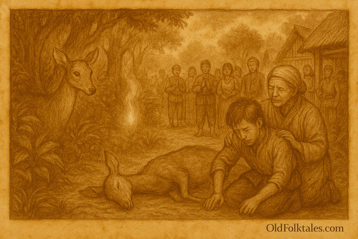 Illustration of Indonesian folktale about Kancil, a deer-born child raised by humans, depicting themes of transformation, forest spirits, and the bond between animals and humans. Scene includes dense Javanese jungle, mystical doe mother, village life, and emotional harvest festival revelation. Highlights cultural heritage, animal symbolism, and ancestral wisdom