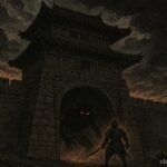 A warrior confronting a demon at the Rashōmon gate in Japanese folklore