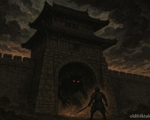 A warrior confronting a demon at the Rashōmon gate in Japanese folklore