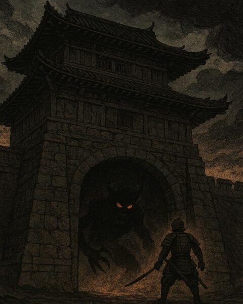 A warrior confronting a demon at the Rashōmon gate in Japanese folklore