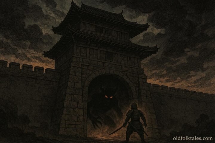 A warrior confronting a demon at the Rashōmon gate in Japanese folklore