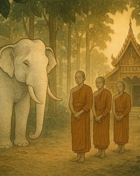 A white elephant guarding a peaceful forest monastery with monks nearby.