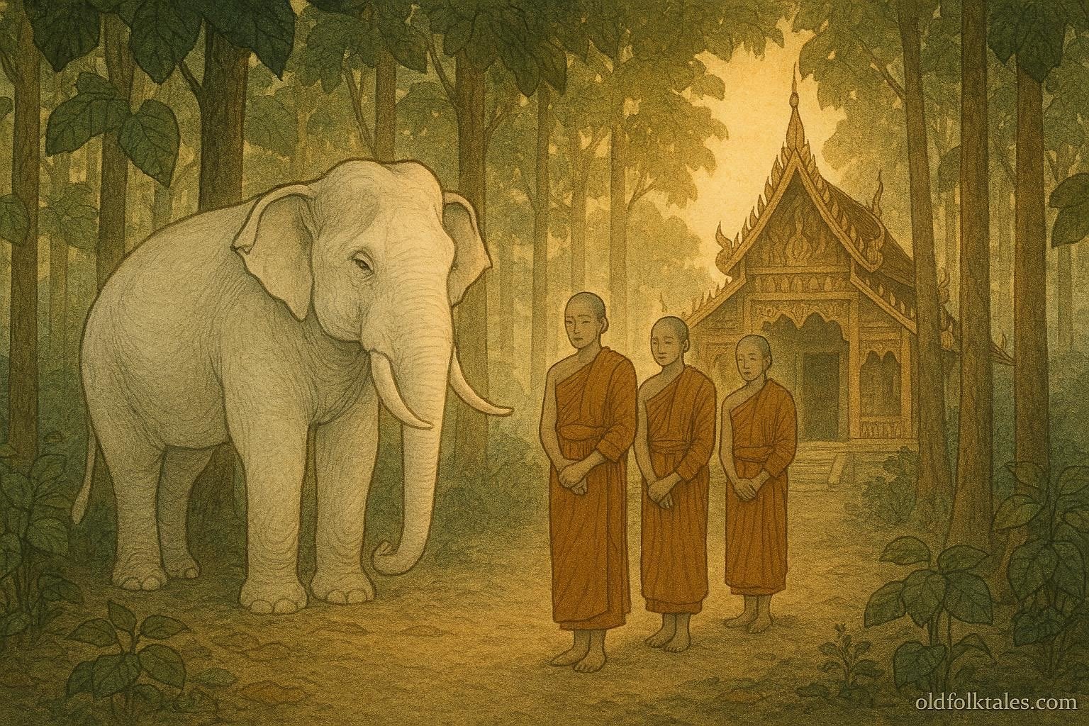 A white elephant guarding a peaceful forest monastery with monks nearby.