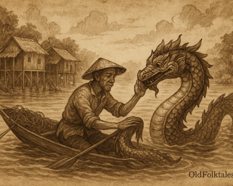 Sepia-toned illustration on aged rice parchment showing Kosal, a humble Cambodian fisherman, gently cradling the head of a wounded naga in his wooden boat on Tonle Sap lake. The naga’s coiled body glistens with intricate scales. In the background, stilted village houses rise above the water, surrounded by lush trees. “OldFolktales.com” is inscribed at the bottom right.