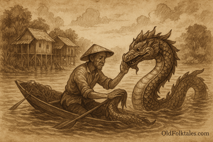 Sepia-toned illustration on aged rice parchment showing Kosal, a humble Cambodian fisherman, gently cradling the head of a wounded naga in his wooden boat on Tonle Sap lake. The naga’s coiled body glistens with intricate scales. In the background, stilted village houses rise above the water, surrounded by lush trees. “OldFolktales.com” is inscribed at the bottom right.