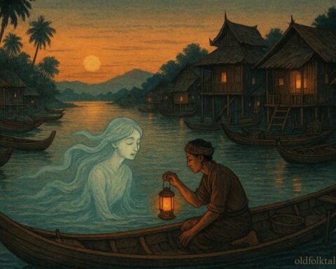 A river spirit appearing before a humble fisherman beside a quiet Myanmar river at dusk.
