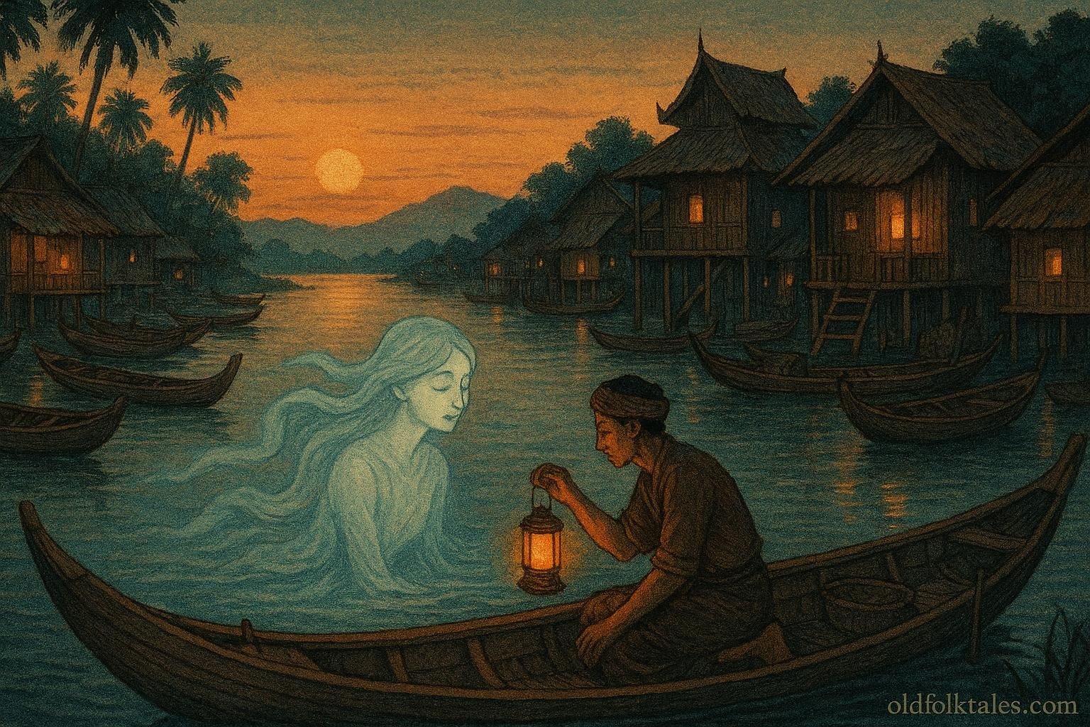 A river spirit appearing before a humble fisherman beside a quiet Myanmar river at dusk.
