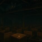 A fox spirit watches over an ancient Chinese examination hall at night as scholars write by oil lamp