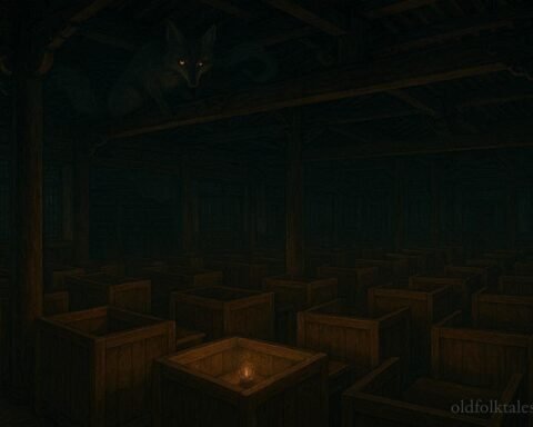 A fox spirit watches over an ancient Chinese examination hall at night as scholars write by oil lamp