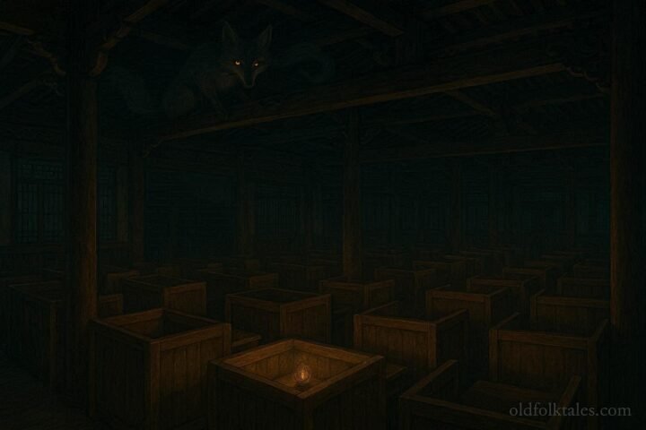 A fox spirit watches over an ancient Chinese examination hall at night as scholars write by oil lamp