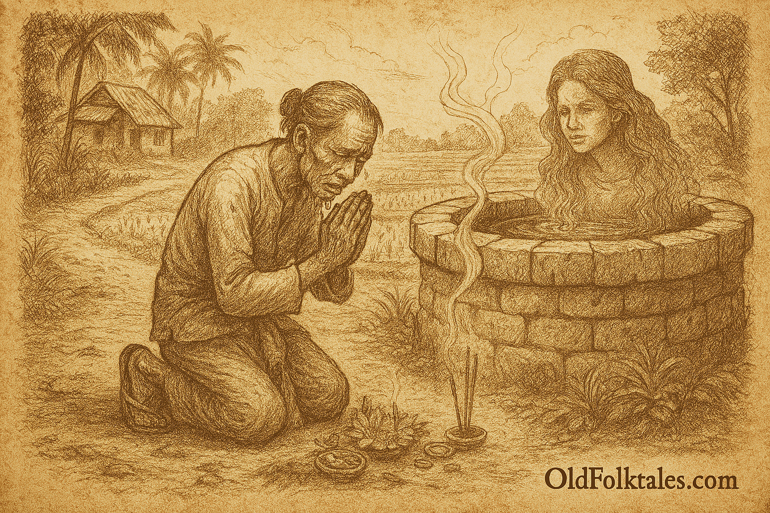 Sepia-toned illustration of Pak Joko, a humble Indonesian villager, kneeling beside an ancient stone well at dawn, offering flowers, incense, and rice while returning a glowing golden bracelet to a spirit guardian whose ethereal face emerges from the water—set against a backdrop of rice paddies and a rustic village hut, evoking themes of sacred respect and spiritual redemption