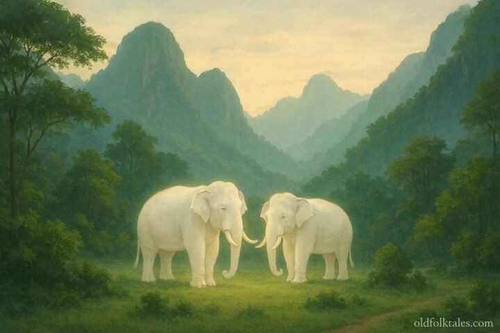 Two sacred white elephants standing peacefully in a glowing green valley in the mountains of northern Laos.