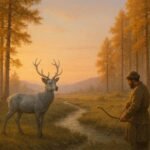 A Mongolian hunter lowering his bow as a silver deer spirit stands by a forest stream at sunrise.