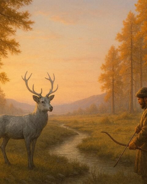 A Mongolian hunter lowering his bow as a silver deer spirit stands by a forest stream at sunrise.