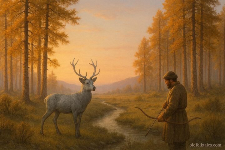 A Mongolian hunter lowering his bow as a silver deer spirit stands by a forest stream at sunrise.