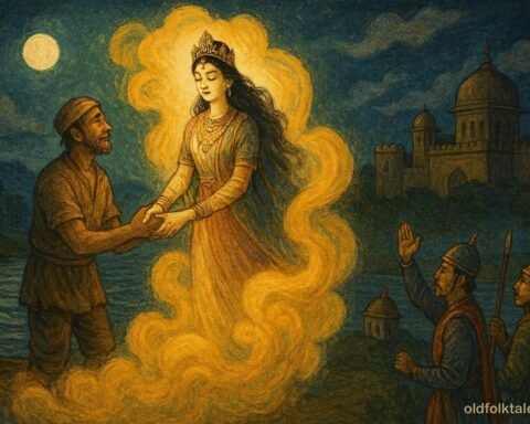 A fisherman and princess ascend on a golden cloud by a river, Vietnamese folklore scene of love and spiritual ascension.
