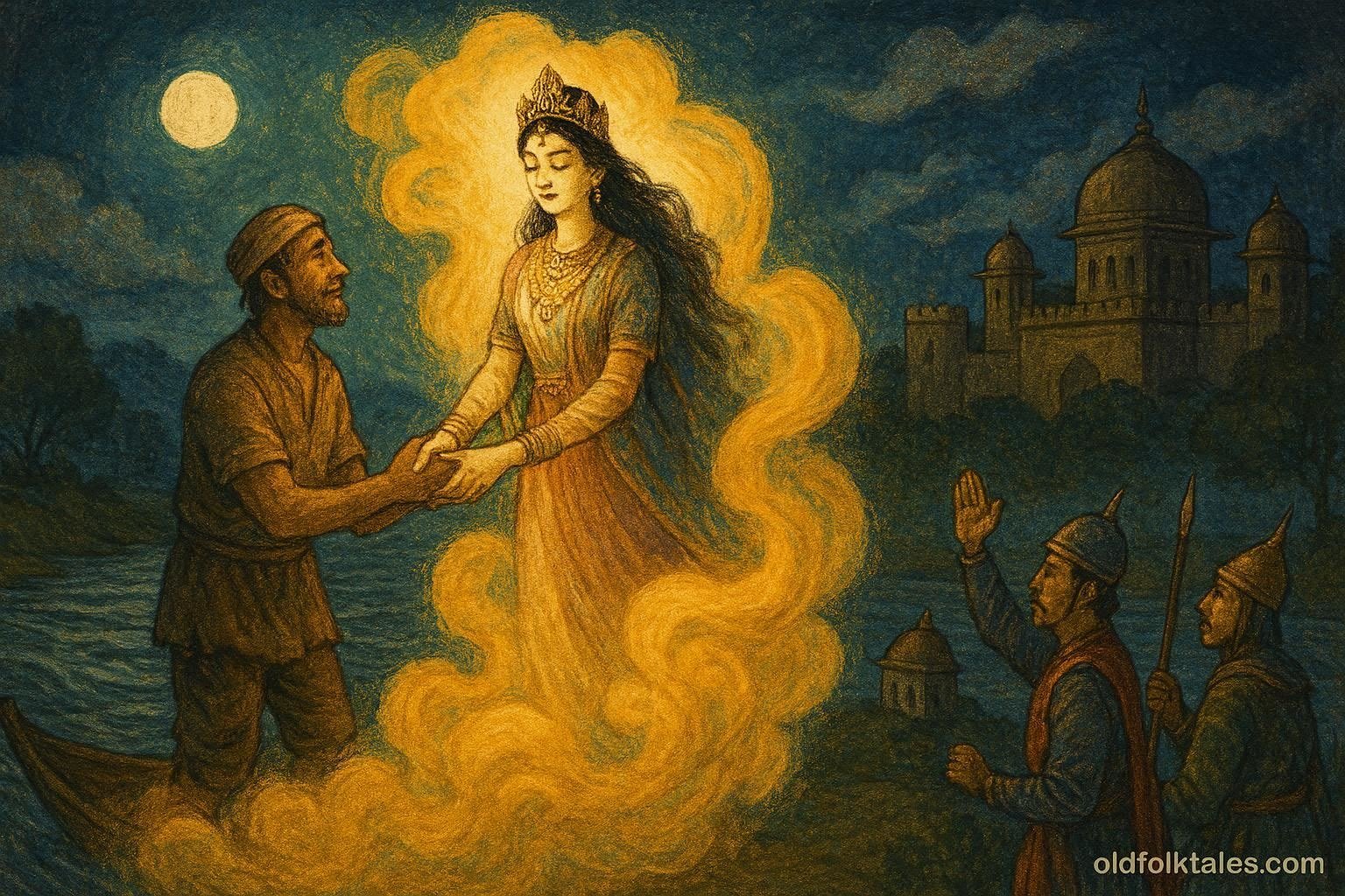 A fisherman and princess ascend on a golden cloud by a river, Vietnamese folklore scene of love and spiritual ascension.