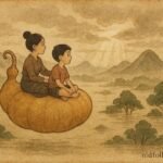 Lao siblings surviving a great flood on a magical gourd boat, creation folktale scene.
