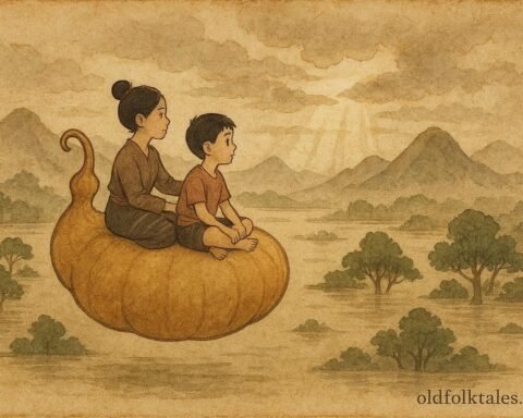 Lao siblings surviving a great flood on a magical gourd boat, creation folktale scene.