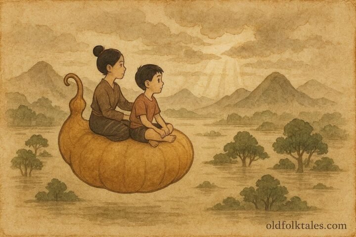 Lao siblings surviving a great flood on a magical gourd boat, creation folktale scene.