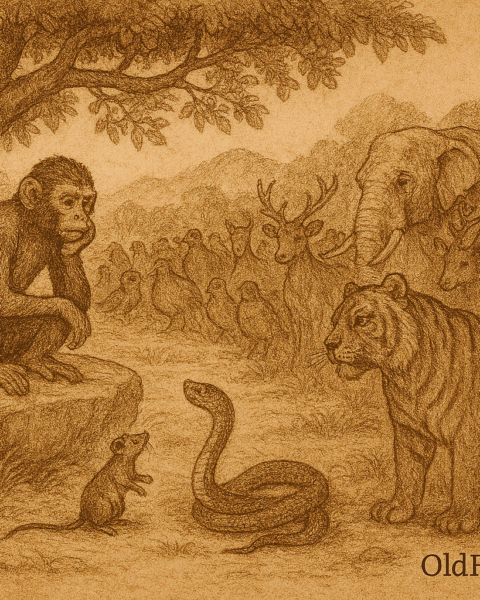 Sepia-toned illustration on aged rice parchment showing a forest tribunal beneath a fig tree. A monkey sits on a stone seat, looking troubled, while a brave mouse confronts him and a coiled snake listens nearby. Surrounding them are forest animals tiger, elephant, buffalo, deer, pheasant, and squirrels gathered in protest. “OldFolktales.com” is inscribed at the bottom right.