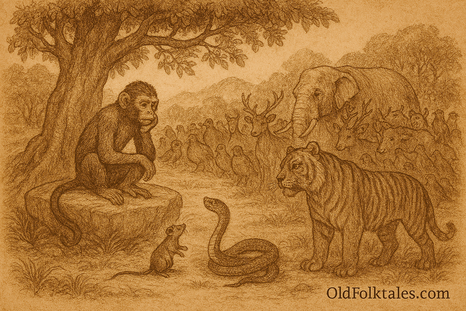 Sepia-toned illustration on aged rice parchment showing a forest tribunal beneath a fig tree. A monkey sits on a stone seat, looking troubled, while a brave mouse confronts him and a coiled snake listens nearby. Surrounding them are forest animals tiger, elephant, buffalo, deer, pheasant, and squirrels gathered in protest. “OldFolktales.com” is inscribed at the bottom right.