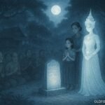 A radiant moon princess stands in a glowing clearing with villagers gathered around a shining celestial tablet.