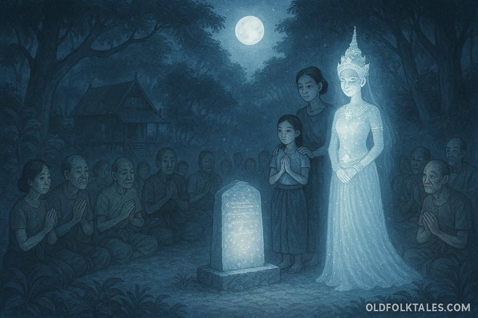 A radiant moon princess stands in a glowing clearing with villagers gathered around a shining celestial tablet.