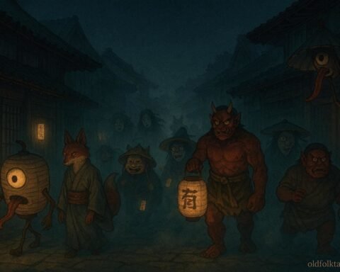 A supernatural procession of yokai spirits moving through a silent Heian period street at night