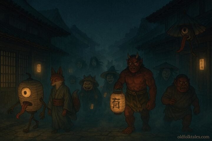 A supernatural procession of yokai spirits moving through a silent Heian period street at night