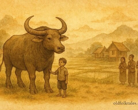 An orphan boy beside a giant buffalo restoring justice in a Lao village folktale.