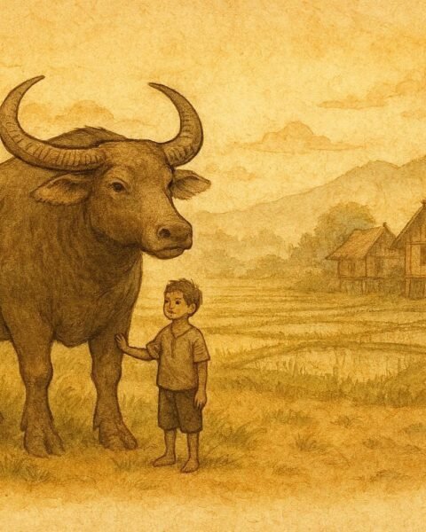 An orphan boy beside a giant buffalo restoring justice in a Lao village folktale.