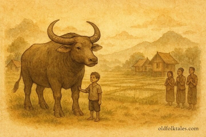 An orphan boy beside a giant buffalo restoring justice in a Lao village folktale.