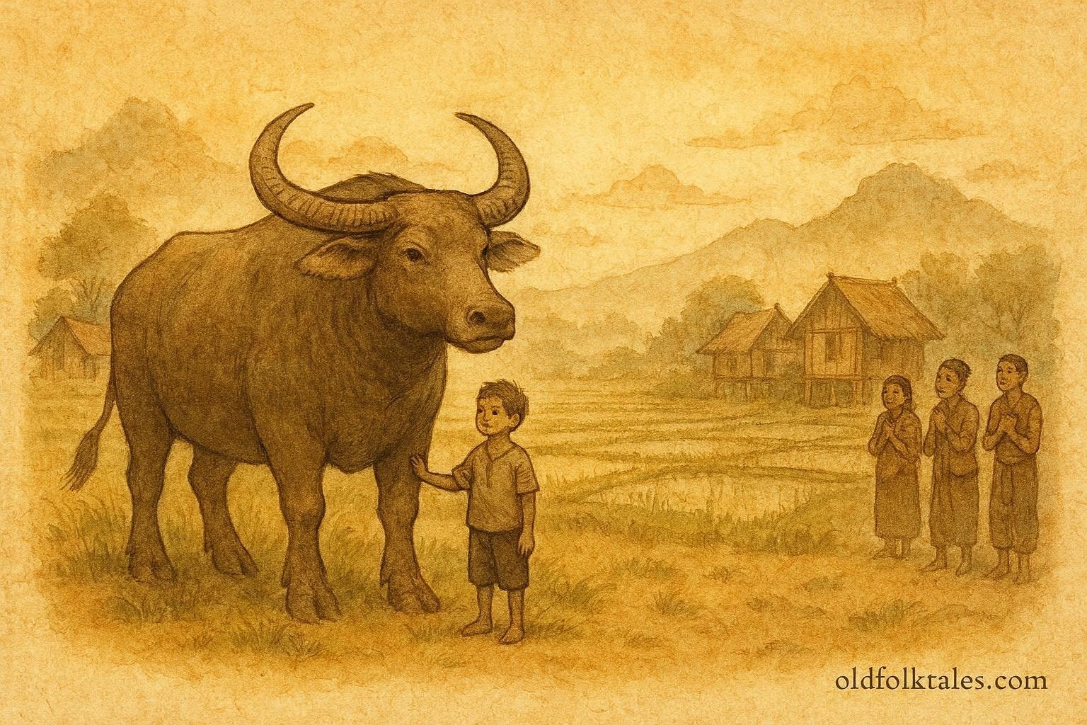 An orphan boy beside a giant buffalo restoring justice in a Lao village folktale.