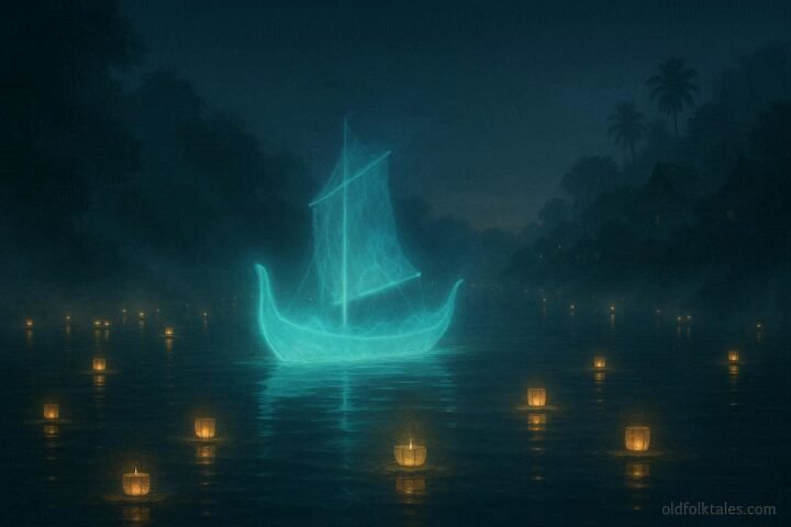 Glowing phantom boat guiding fishermen along the Mekong River during a traditional Lao midnight festival.