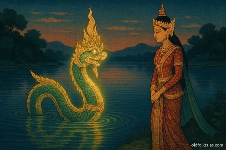 A Burmese princess forming a sacred alliance with a naga spirit by a glowing river.