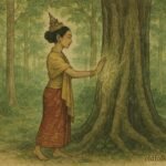 A burmese princess communicating with ancient forest trees in a spiritual woodland setting.