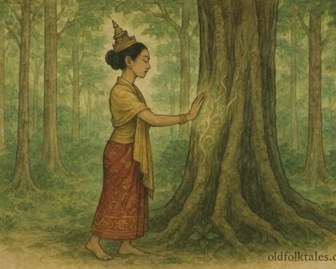 A burmese princess communicating with ancient forest trees in a spiritual woodland setting.