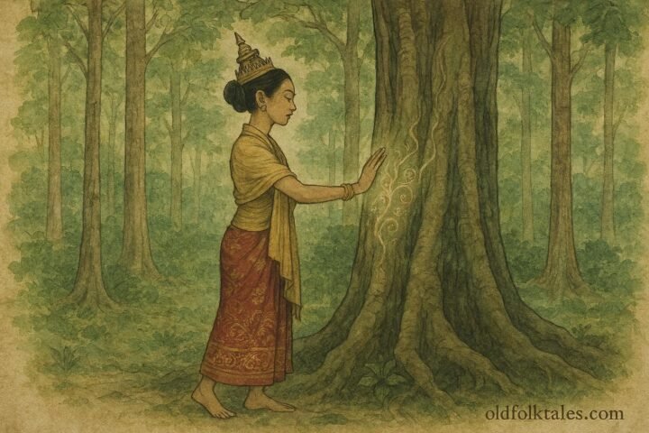 A burmese princess communicating with ancient forest trees in a spiritual woodland setting.