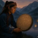 A young apprentice shaman sits beside Thunder Lake with a sacred drum as glowing spirit lights float above the water.