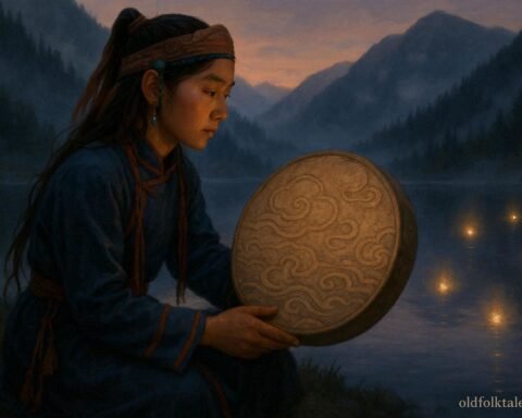 A young apprentice shaman sits beside Thunder Lake with a sacred drum as glowing spirit lights float above the water.