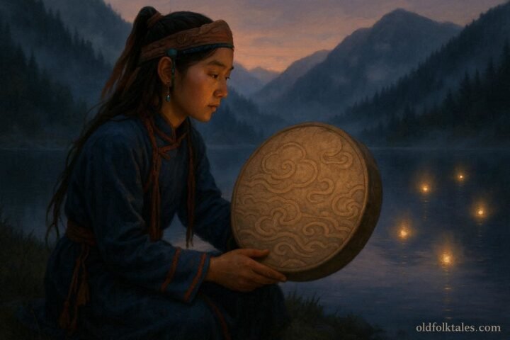 A young apprentice shaman sits beside Thunder Lake with a sacred drum as glowing spirit lights float above the water.