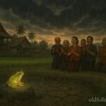 A glowing frog and villagers welcoming the first monsoon rain through song in a traditional Lao folklore scene.