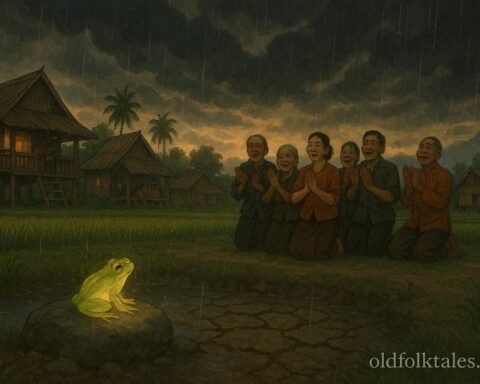 A glowing frog and villagers welcoming the first monsoon rain through song in a traditional Lao folklore scene.