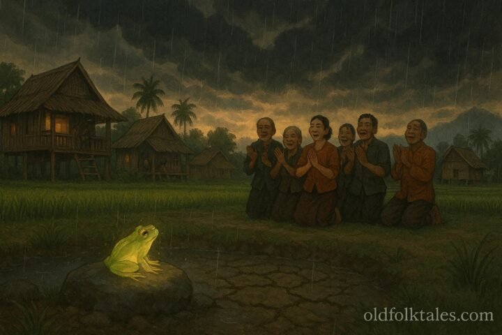 A glowing frog and villagers welcoming the first monsoon rain through song in a traditional Lao folklore scene.