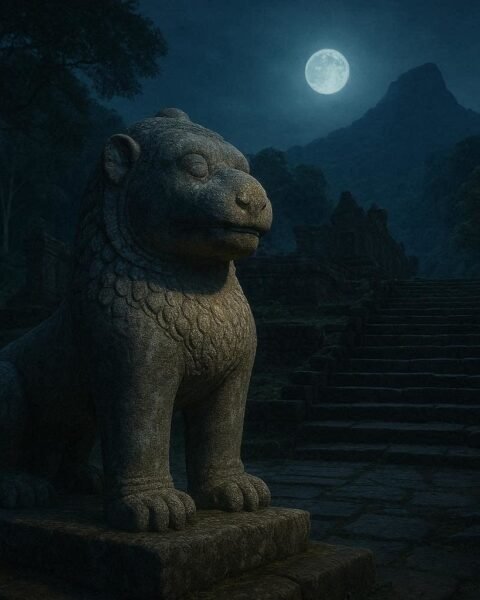 A mystical stone lion guarding the ancient Wat Phou temple under moonlight in Lao folklore.