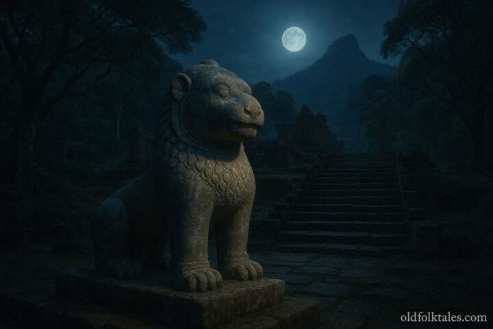 A mystical stone lion guarding the ancient Wat Phou temple under moonlight in Lao folklore.