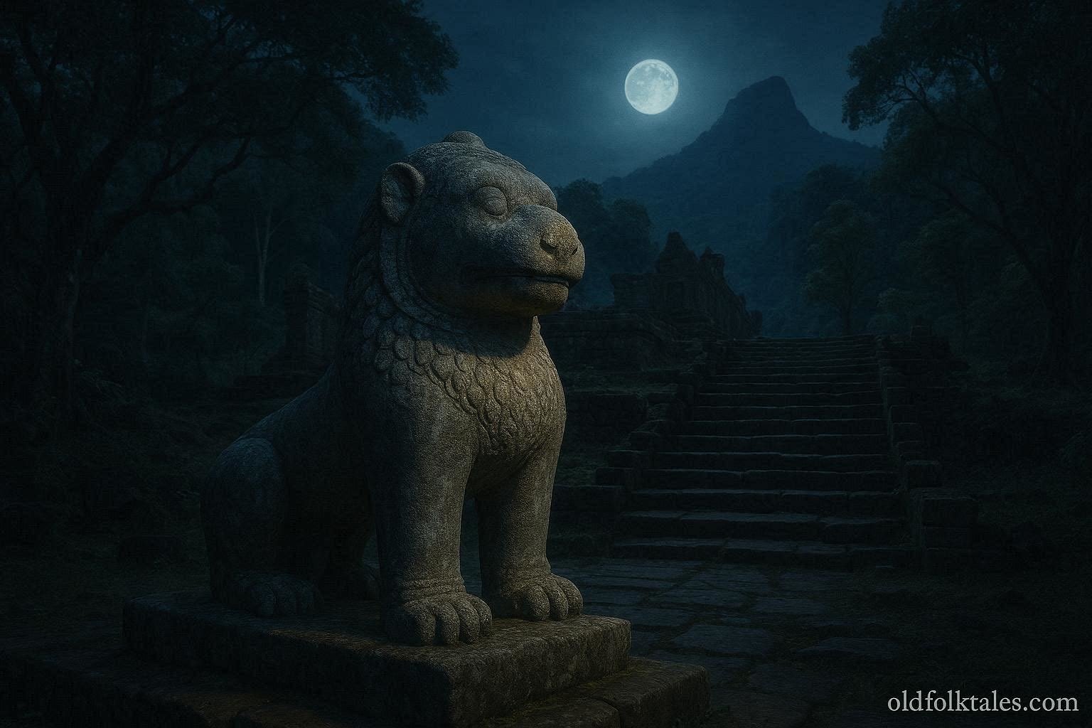 A mystical stone lion guarding the ancient Wat Phou temple under moonlight in Lao folklore.
