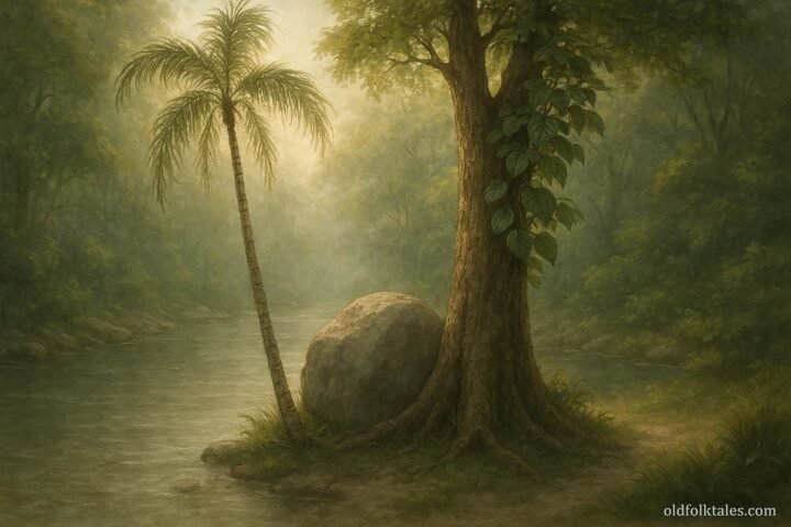 A betel tree, an areca palm, and a limestone rock standing together by a quiet river in a Vietnamese forest, symbolizing a tragic transformation tale.