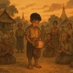 A poor Burmese boy holding a magical drum that reveals truth to villagers.